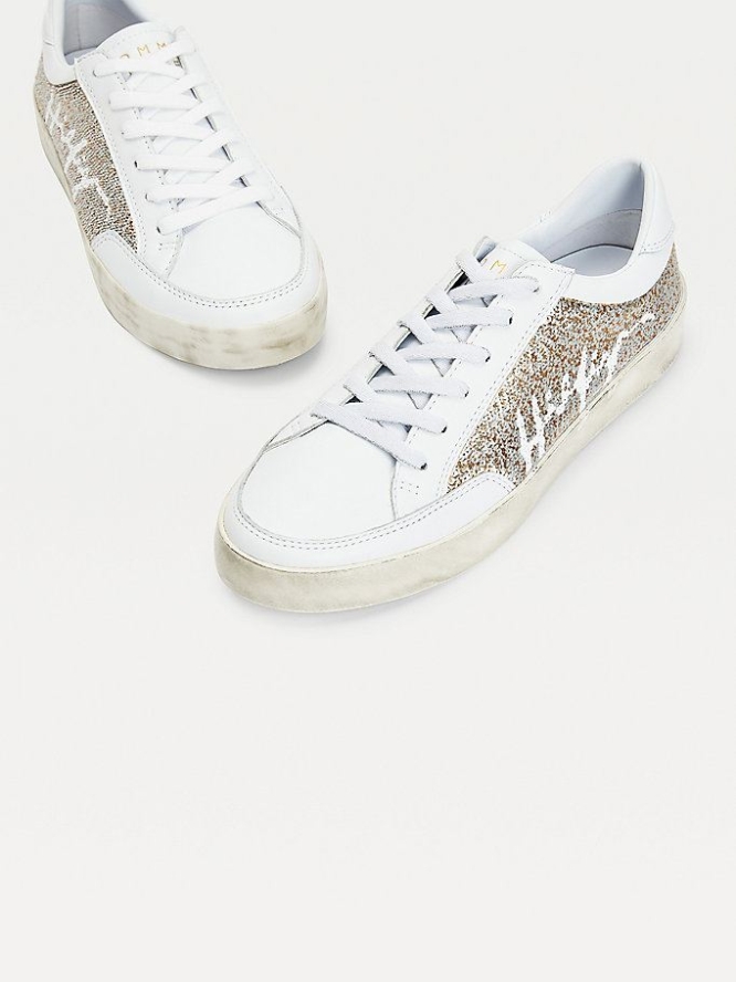 Tommy Hilfiger Sequin Signature Logo Leder Sneakers Damen Weiß | AT730JHRN