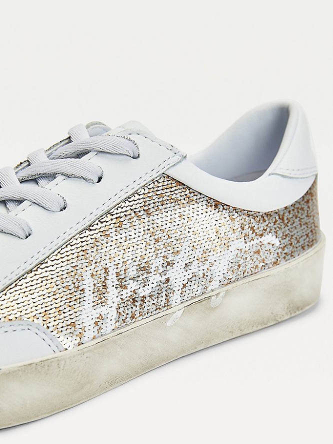 Tommy Hilfiger Sequin Signature Logo Leder Sneakers Damen Weiß | AT730JHRN