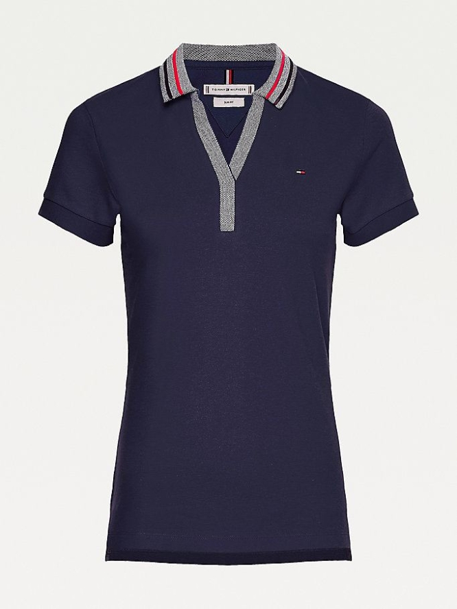 Tommy Hilfiger Signature Collar Slim Fit Polo Shirts Damen Dunkelblau | AT482ENAG