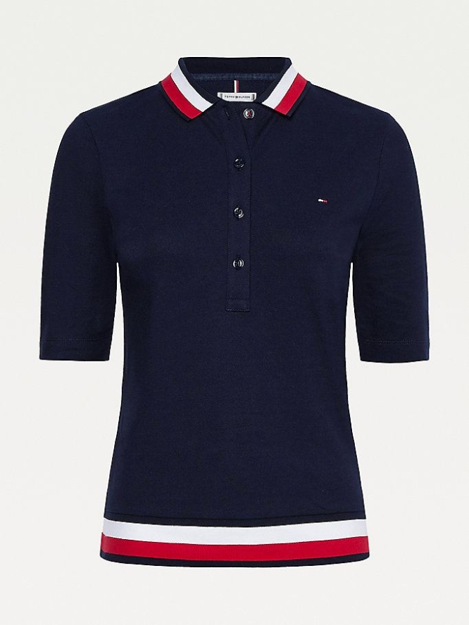 Tommy Hilfiger Signature Detail Half-Sleeve Polo Shirts Damen Dunkelblau | AT753GMYJ