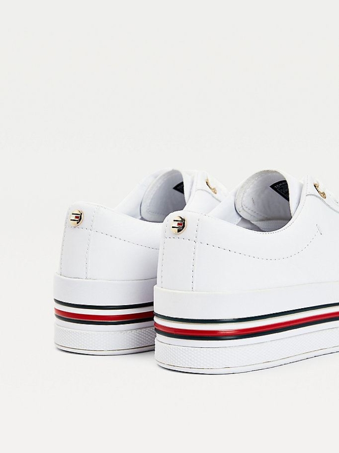 Tommy Hilfiger Signature Leder Flatform Sneakers Damen Weiß | AT235NRVP