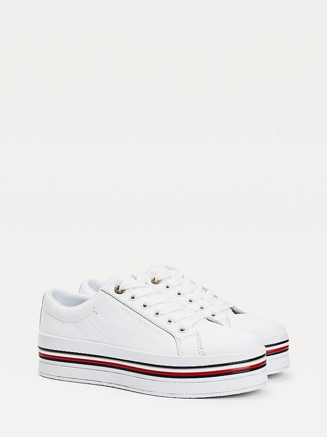 Tommy Hilfiger Signature Leder Flatform Sneakers Damen Weiß | AT235NRVP