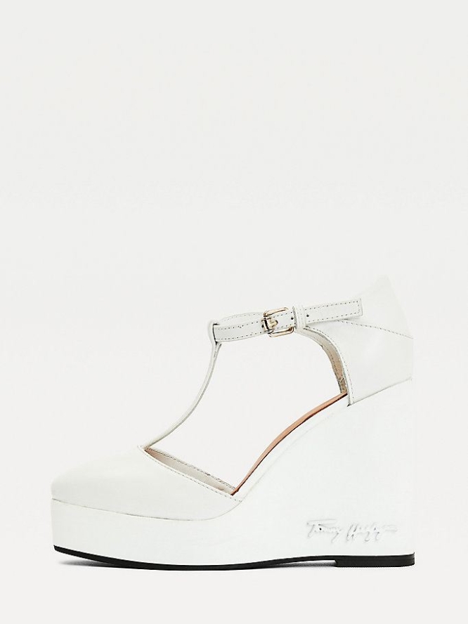 Tommy Hilfiger Signature Leder High Wedges Keilabsatz Sandalen Damen Weiß | AT452QTGL