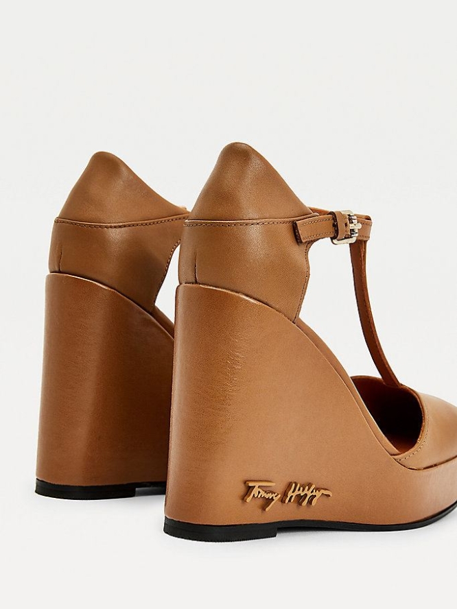 Tommy Hilfiger Signature Leder High Wedges Keilabsatz Sandalen Damen Braun | AT597IQRJ