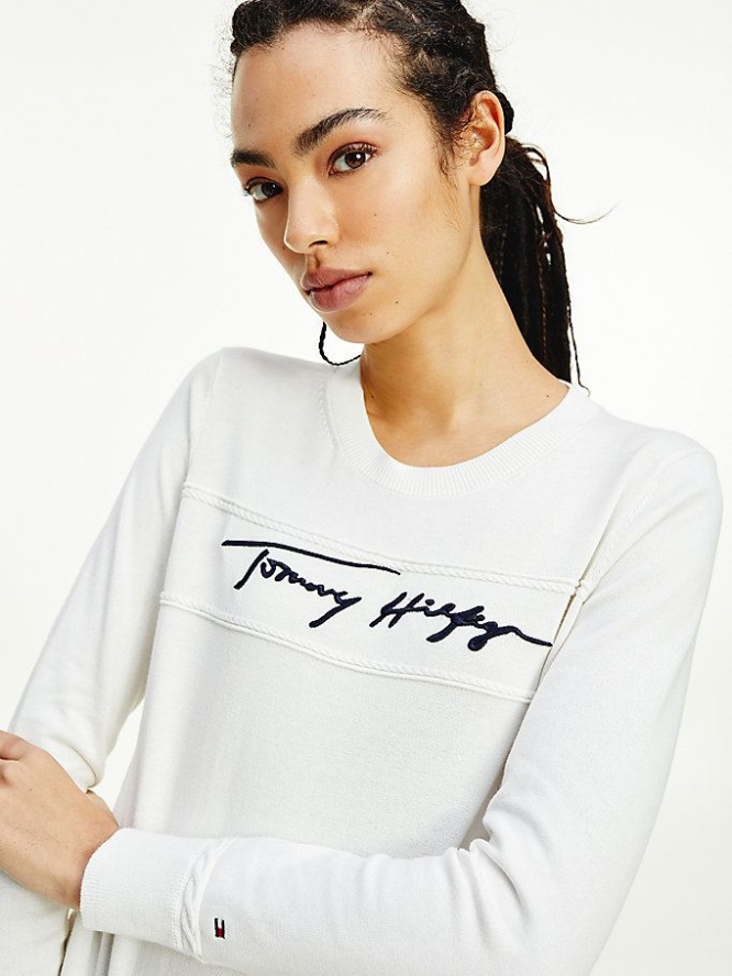 Tommy Hilfiger Signature Logo Crew Neck Jumper Pullover Damen Weiß | AT524KHQZ