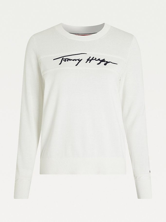 Tommy Hilfiger Signature Logo Crew Neck Jumper Pullover Damen Weiß | AT524KHQZ