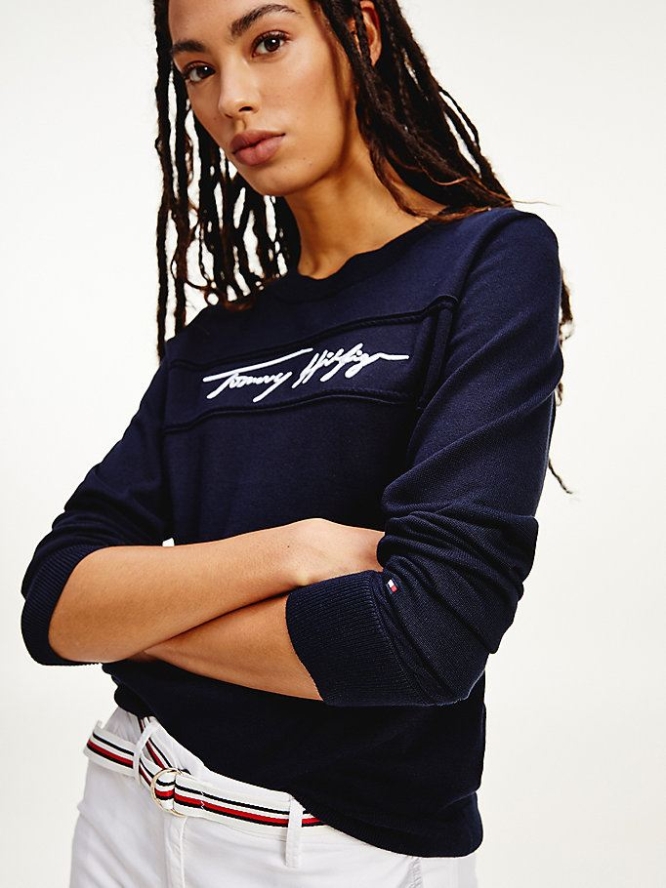 Tommy Hilfiger Signature Logo Crew Neck Jumper Pullover Damen Dunkelblau | AT852NKMD