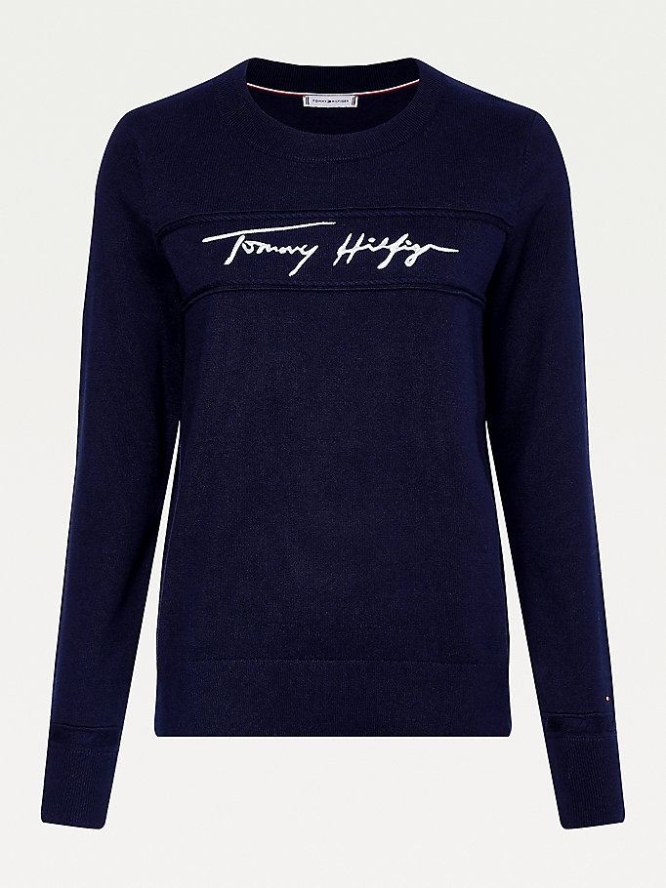 Tommy Hilfiger Signature Logo Crew Neck Jumper Pullover Damen Dunkelblau | AT852NKMD