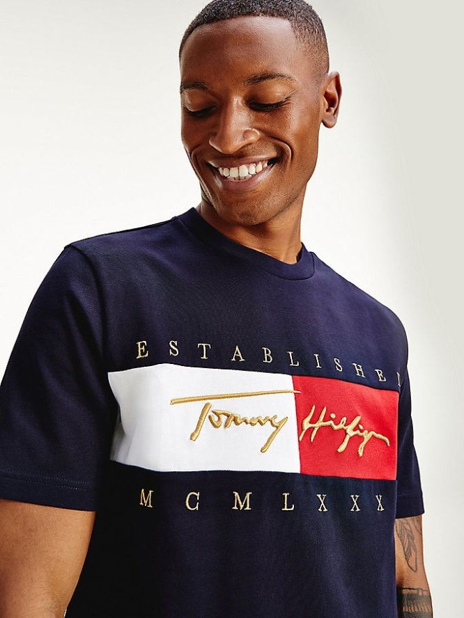 Tommy Hilfiger Signature Logo Embroidery T-shirts Herren Dunkelblau | AT206UXMT