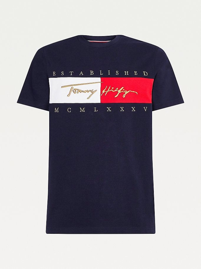 Tommy Hilfiger Signature Logo Embroidery T-shirts Herren Dunkelblau | AT206UXMT