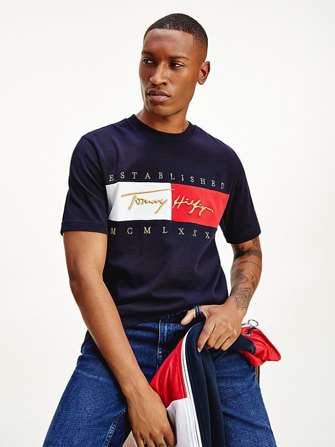 Tommy Hilfiger Signature Logo Embroidery T-shirts Herren Dunkelblau | AT206UXMT