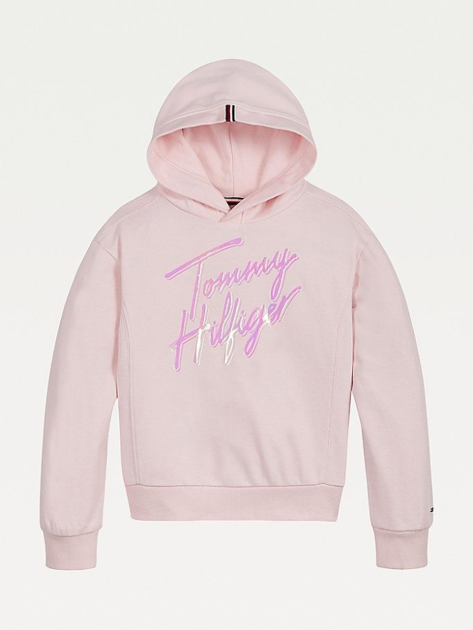 Tommy Hilfiger Signature Logo Hoodie Kinder Rosa Türkis | AT756HFSJ