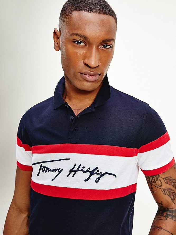 Tommy Hilfiger Signature Logo Slim Fit Polo Shirts Herren Rot Weiß | AT423DSMK