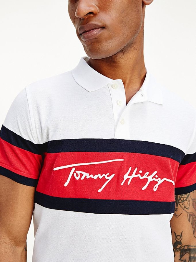 Tommy Hilfiger Signature Logo Slim Fit Polo Shirts Herren Weiß Rot | AT916TZRP