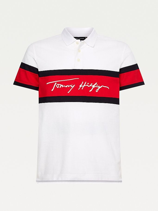 Tommy Hilfiger Signature Logo Slim Fit Polo Shirts Herren Weiß Rot | AT916TZRP