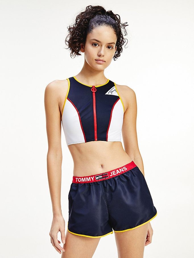 Tommy Hilfiger Signature Logo Zip-Up Cropped Rashguard Bademode Damen Dunkelblau | AT870BHMR