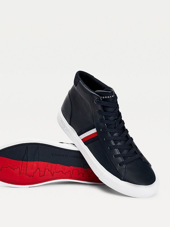 Tommy Hilfiger Signature Panel Leder Sneakers Herren Dunkelblau | AT654ADIB