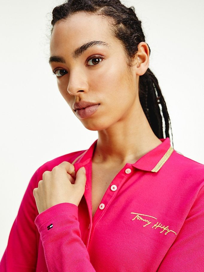 Tommy Hilfiger Slim Fit Long Sleeve Polo Shirts Damen Rosa Rot | AT584IREB