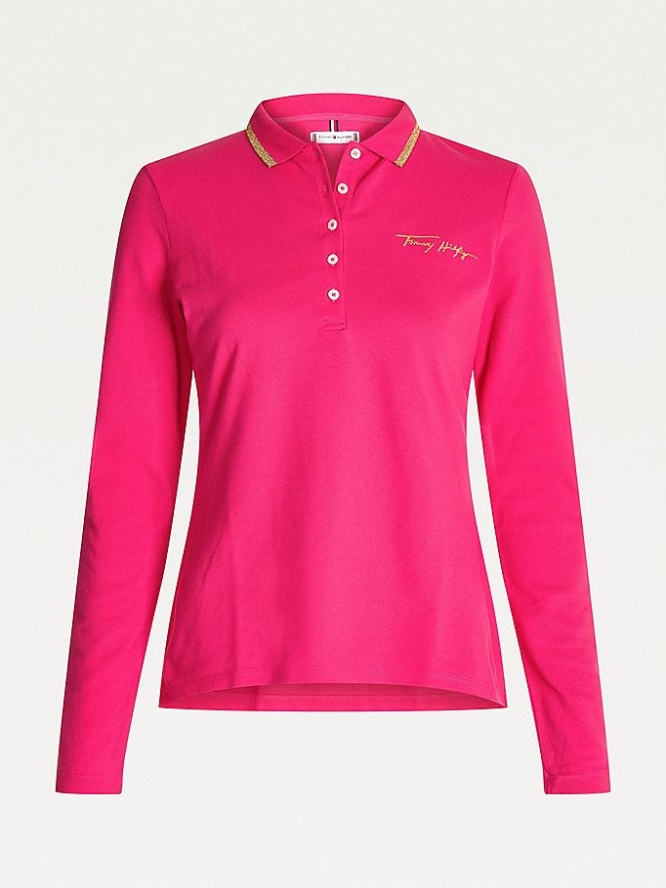 Tommy Hilfiger Slim Fit Long Sleeve Polo Shirts Damen Rosa Rot | AT584IREB