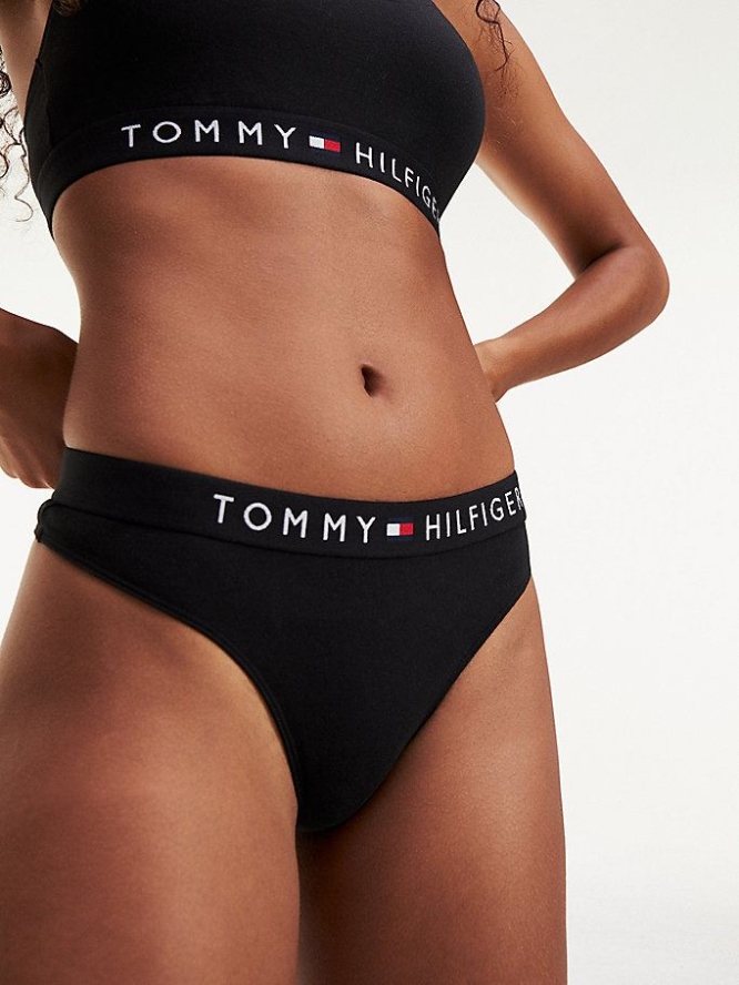 Tommy Hilfiger Stretch Baumwoll Tanga Unterwäsche Damen Schwarz | AT132ZFYT