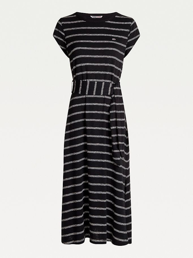 Tommy Hilfiger Stripe Belted Midi Kleider Damen Schwarz Mehrfarbig | AT084WPSU