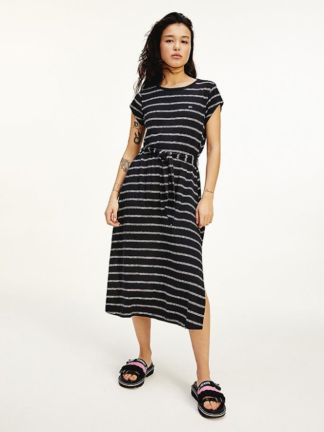 Tommy Hilfiger Stripe Belted Midi Kleider Damen Schwarz Mehrfarbig | AT084WPSU