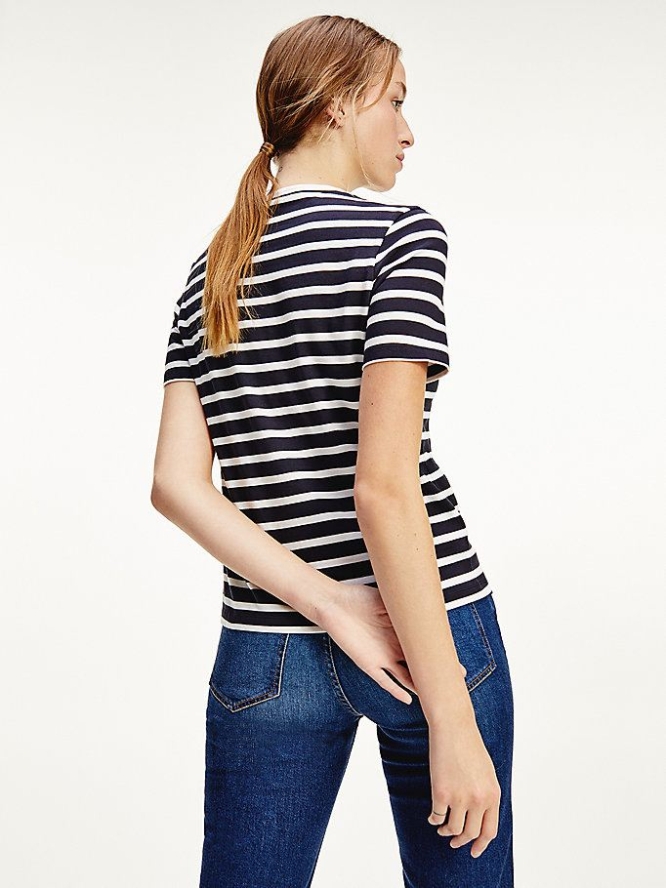 Tommy Hilfiger Stripe Button Shoulder T-shirts Damen Dunkelblau | AT567TYFL