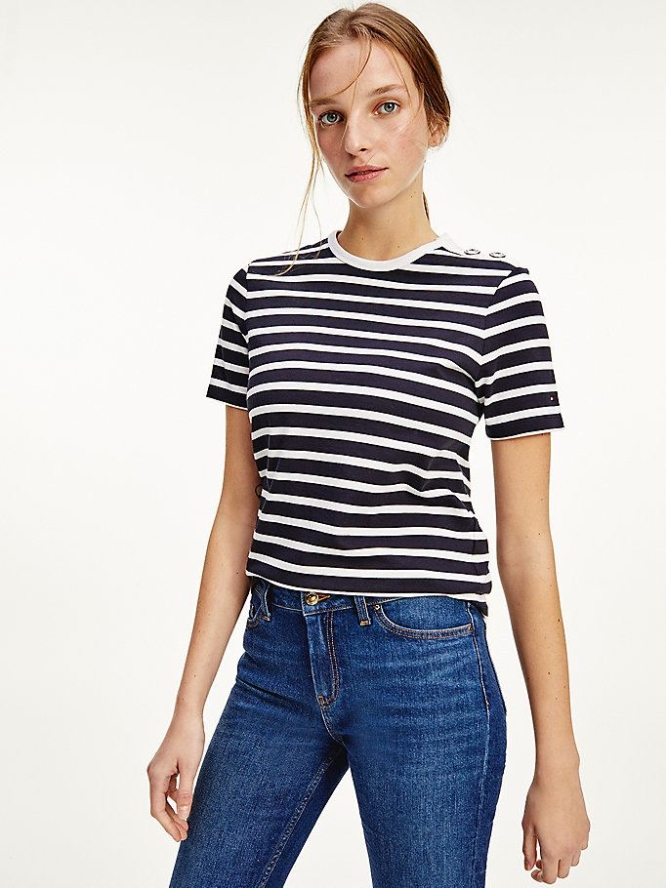 Tommy Hilfiger Stripe Button Shoulder T-shirts Damen Dunkelblau | AT567TYFL