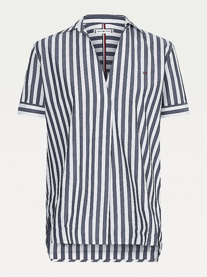 Tommy Hilfiger Stripe Kurzes Sleeve Bluse Damen Dunkelblau | AT032BWCQ