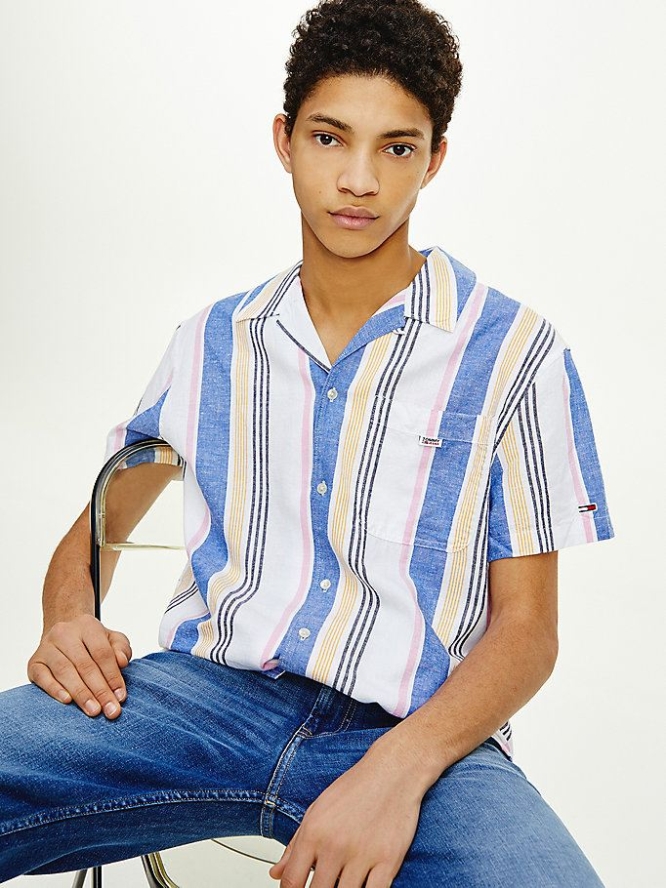 Tommy Hilfiger Stripe Kurzes-Sleeve Camp Collar Hemd Herren Tiefesgrau Mehrfarbig | AT710WLVE