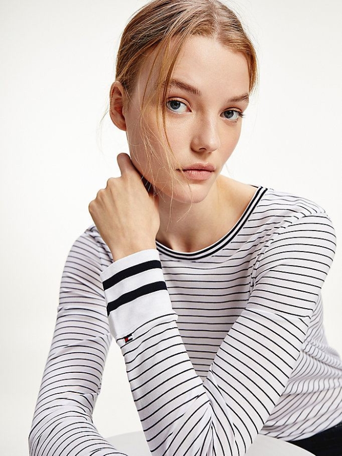 Tommy Hilfiger Stripe Long Sleeve T-shirts Damen Weiß | AT152OXEG