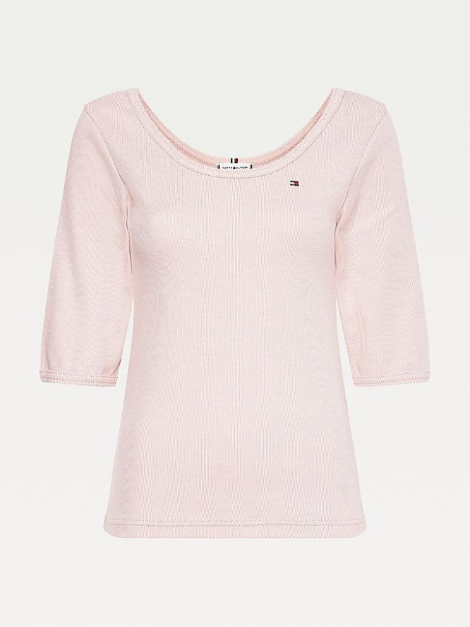 Tommy Hilfiger Stripe Open Neck Half Sleeve T-shirts Damen Rosa | AT950LZTU