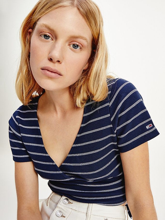 Tommy Hilfiger Stripe Wrap Front T-shirts Damen Hellnavy Weiß | AT839TIWY