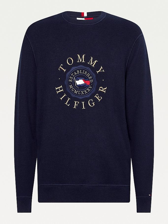 Tommy Hilfiger Structured Logo Embroidery Jumper Pullover Herren Dunkelblau | AT317JVRI