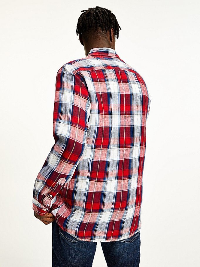 Tommy Hilfiger Tartan Check Regular Fit Linen Hemd Herren Rot Mehrfarbig | AT506GLDT