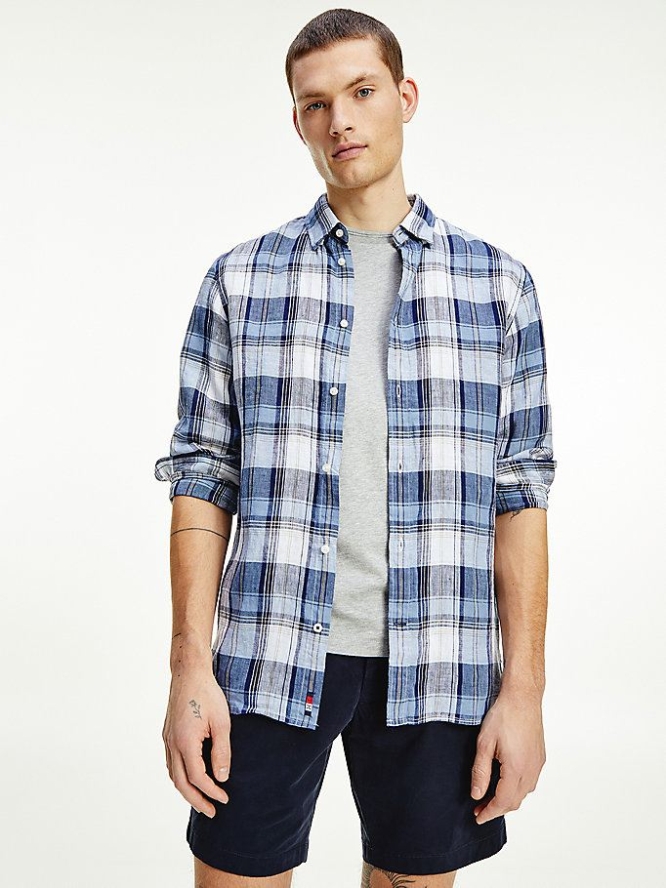 Tommy Hilfiger Tartan Check Regular Fit Linen Hemd Herren Indigo Mehrfarbig | AT928VBTO