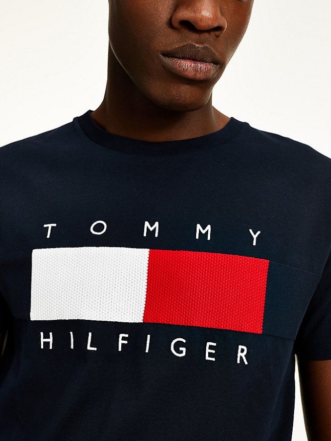 Tommy Hilfiger Textured Flag T-shirts Herren Dunkelblau | AT489XWRP