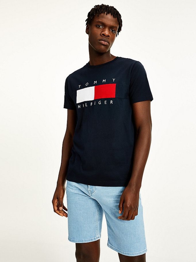 Tommy Hilfiger Textured Flag T-shirts Herren Dunkelblau | AT489XWRP