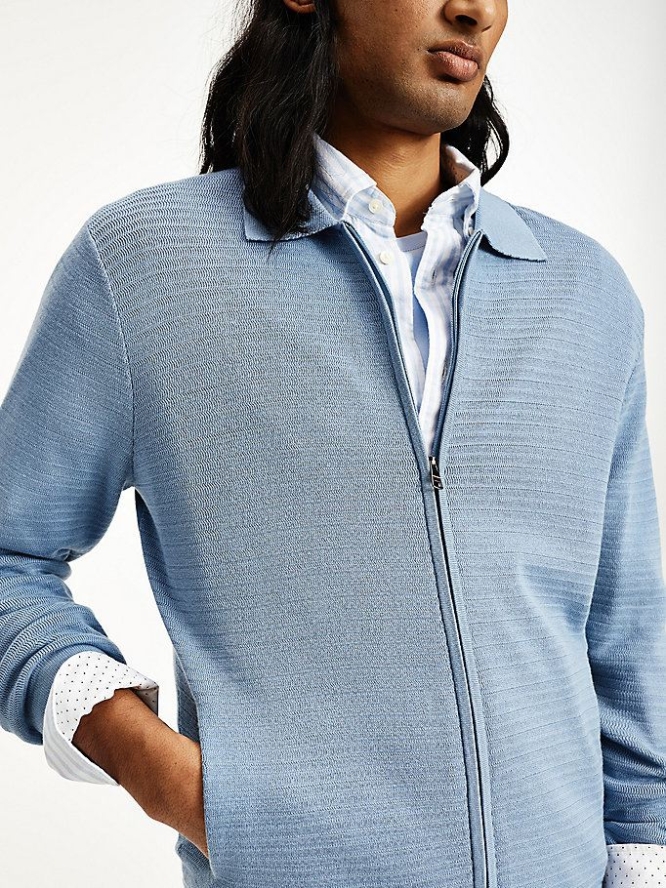 Tommy Hilfiger Textured Stripe Collared Zip-Thru Cardigan Pullover Herren Indigo | AT615MYDG