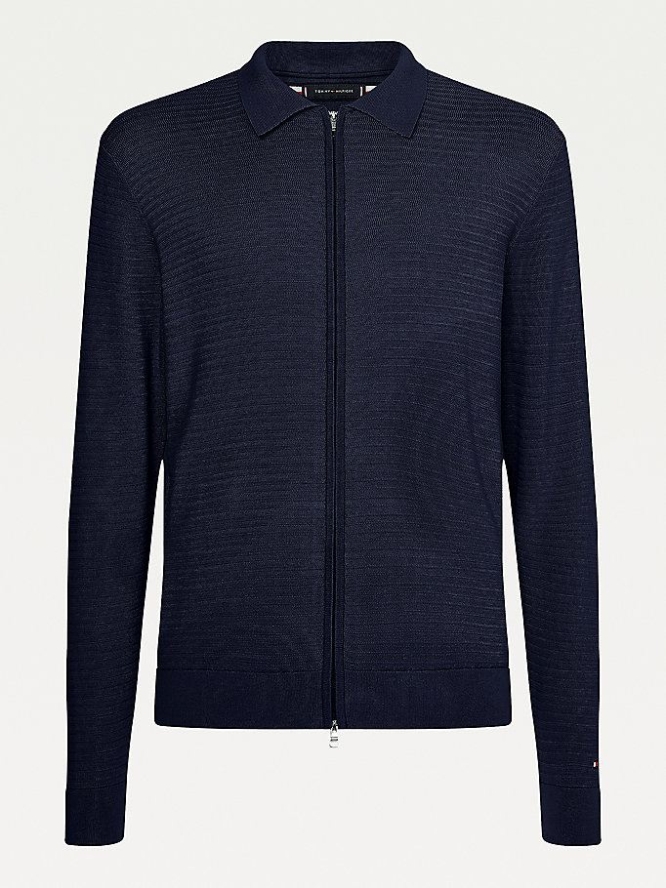 Tommy Hilfiger Textured Stripe Collared Zip-Thru Cardigan Pullover Herren Dunkelblau | AT921JXEW