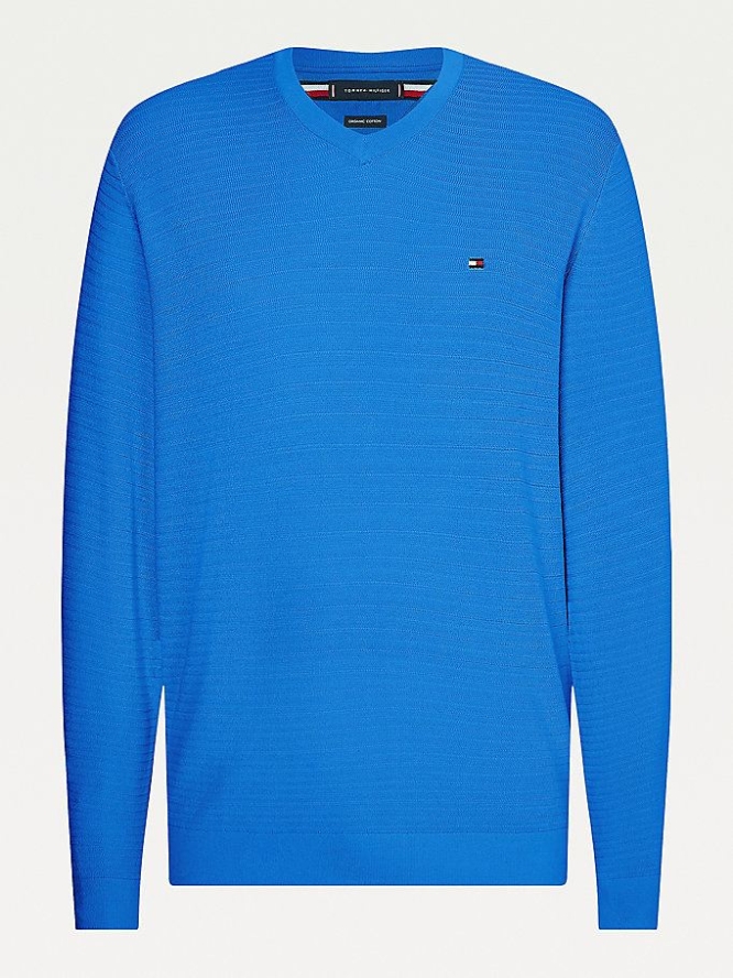 Tommy Hilfiger Textured Stripe Organic Baumwoll V-Neck Jumper Pullover Herren Blau | AT273QZTR