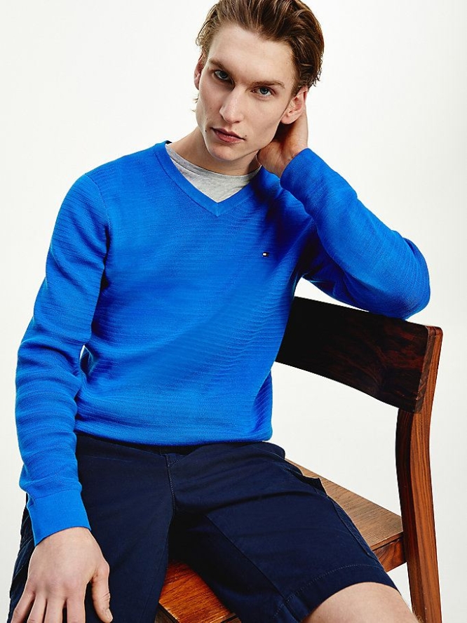 Tommy Hilfiger Textured Stripe Organic Baumwoll V-Neck Jumper Pullover Herren Blau | AT273QZTR