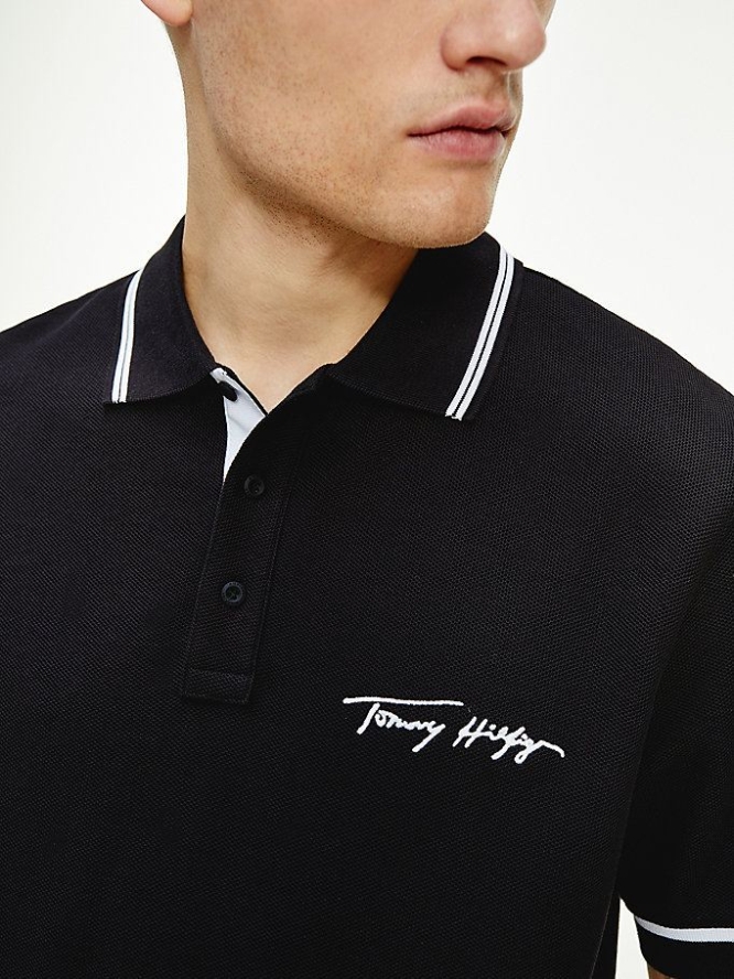 Tommy Hilfiger Tipped Signature Logo Polo Shirts Herren Schwarz | AT635KDPY