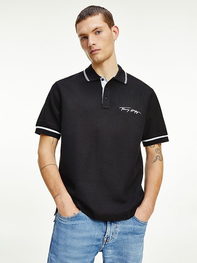 Tommy Hilfiger Tipped Signature Logo Polo Shirts Herren Schwarz | AT635KDPY