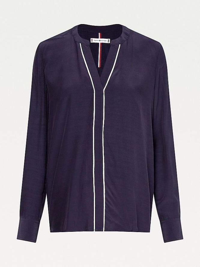 Tommy Hilfiger V-Neck Piping Detail Bluse Damen Dunkelblau | AT260LACB