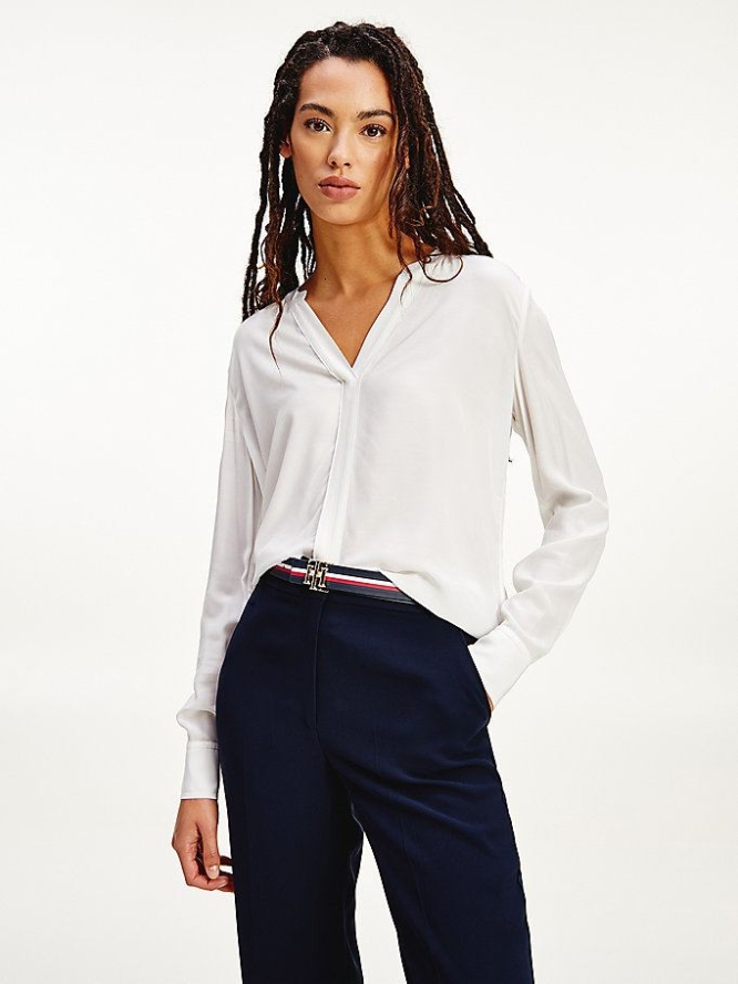 Tommy Hilfiger V-Neck Piping Detail Bluse Damen Weiß | AT327BYAN