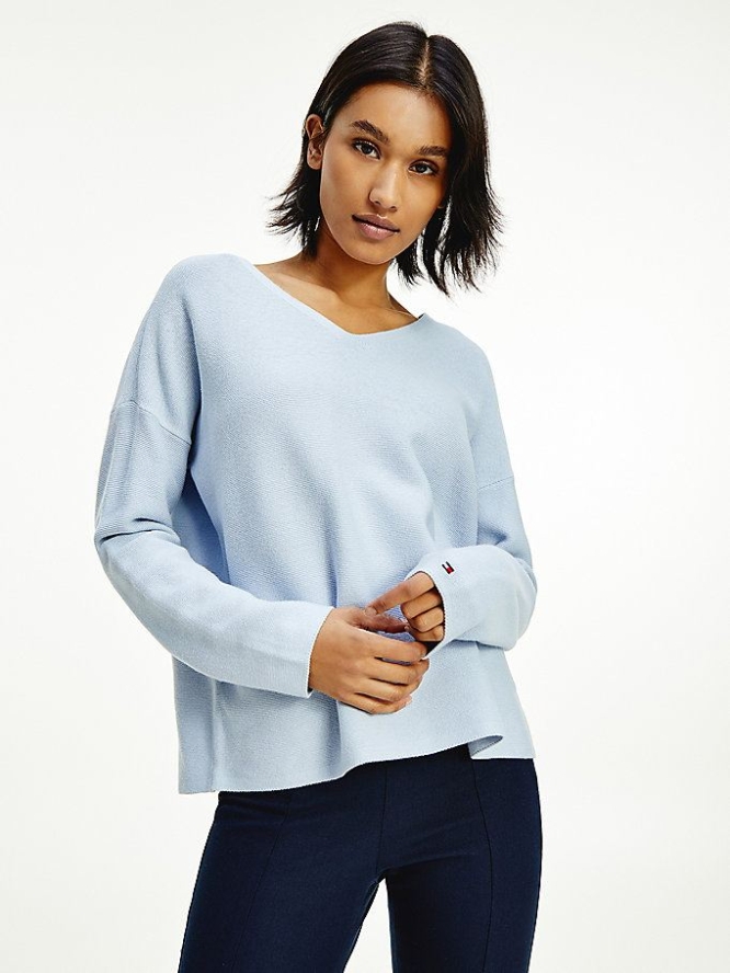 Tommy Hilfiger V-Neck Relaxed Jumper Pullover Damen Blau | AT576TNBH