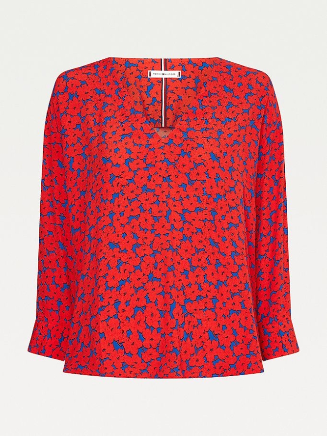 Tommy Hilfiger Viscose Floral Print V-Neck Bluse Damen Rot | AT374XSIU