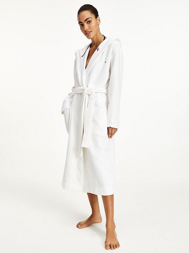 Tommy Hilfiger Waffle Mit Kapuze Bathrobe Nachtwäsche Damen Weiß | AT674ZPMS